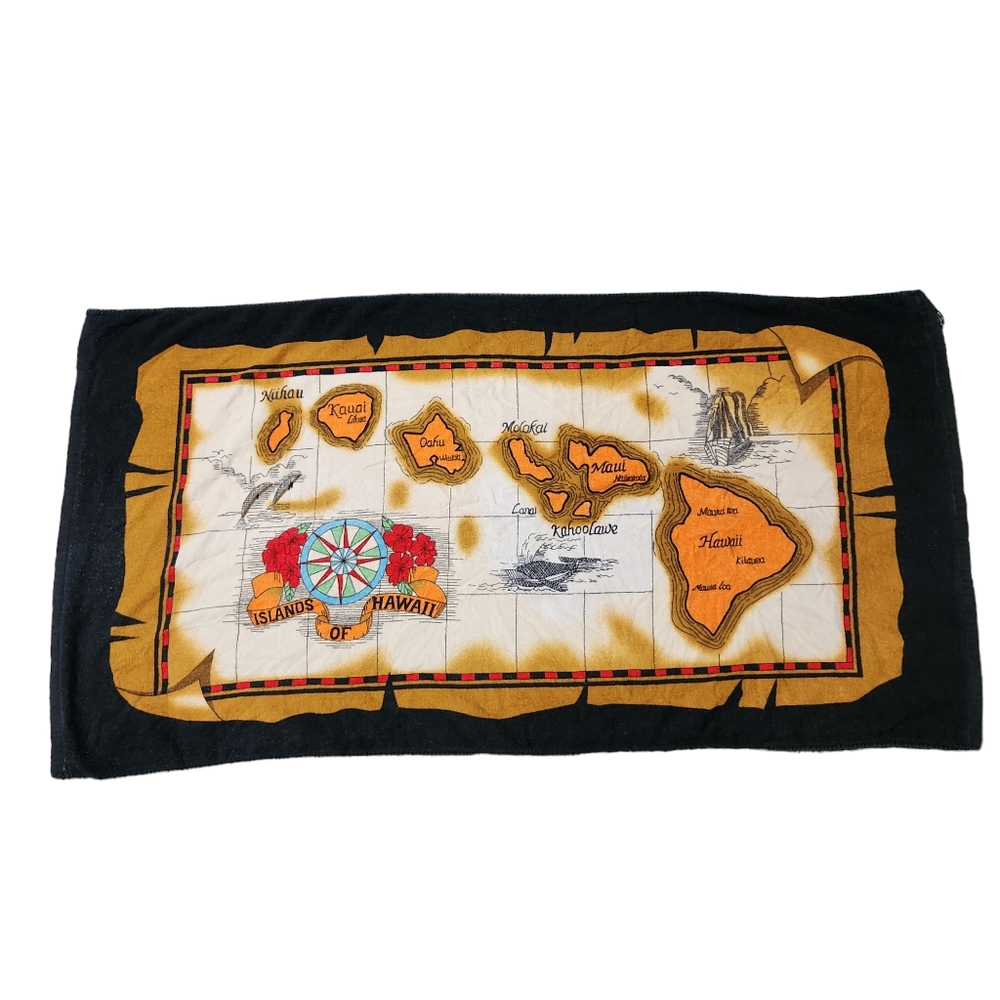 Hawaii Islands Vintage Black Beach Bath Towel Maui Nuhau Molokai Kauai Map